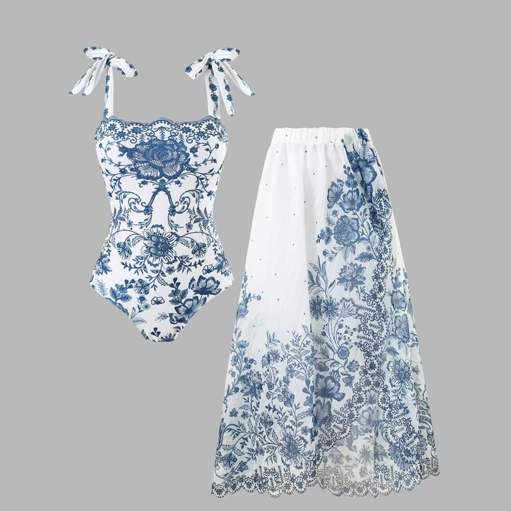 Blue & White Chinoiserie Vintage One-Piece Swimsuit and Maxi Cover-Up