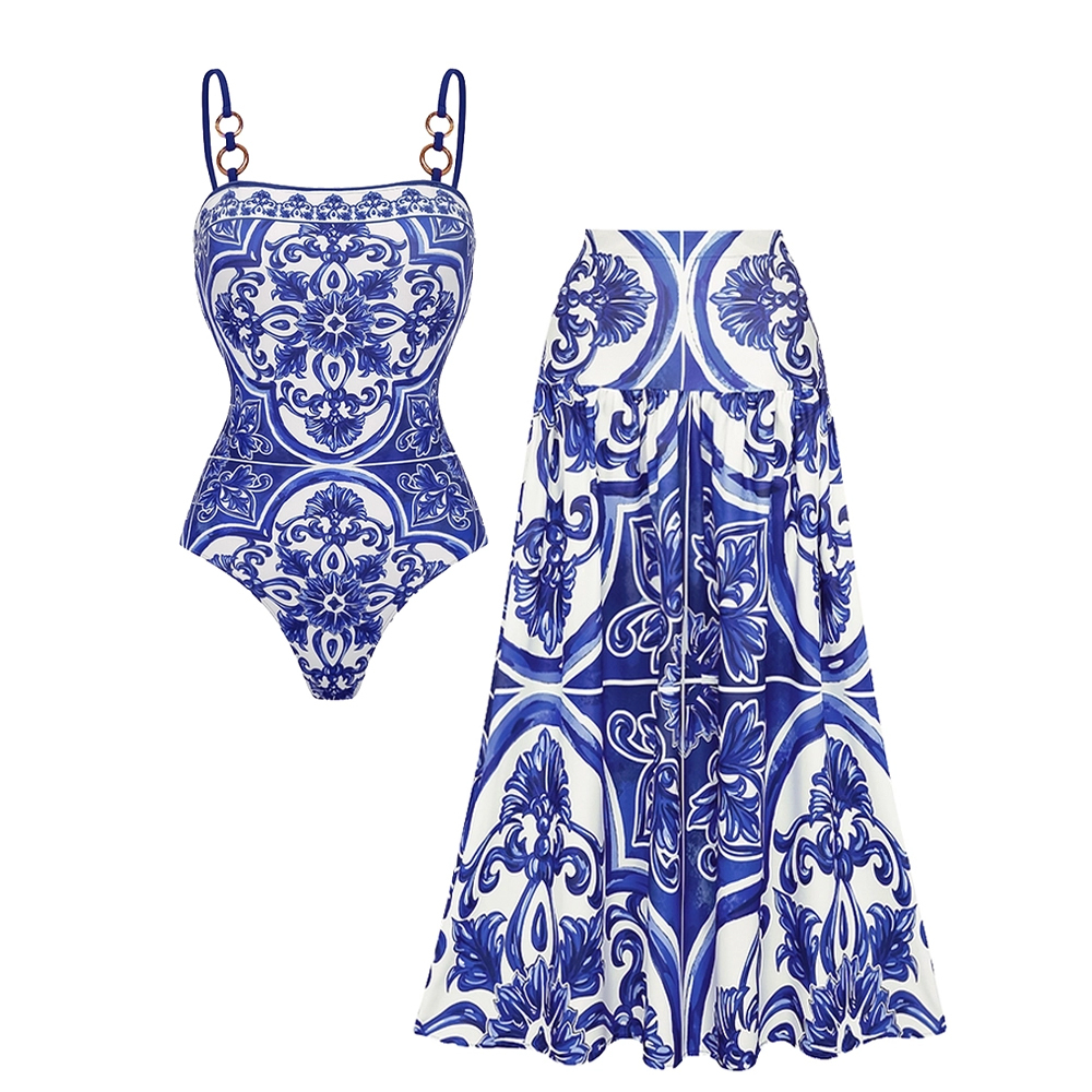 Sling Classic Majolica Series Pattern Print One Piece Swimsuit and Skirt - Blue