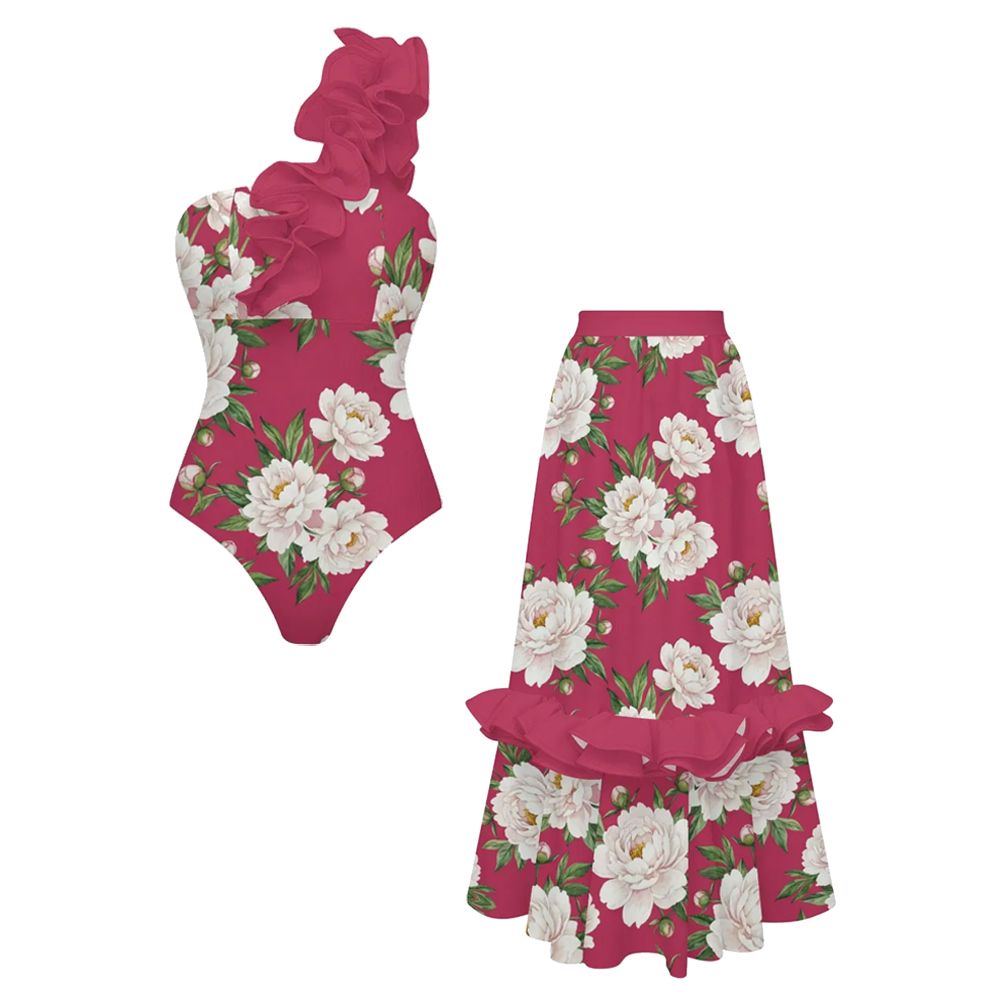 Tropical Print One Piece Swimsuit Set