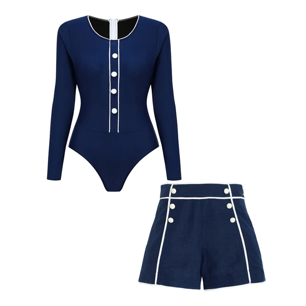 New Long Sleeve Navy Blue Surf Suit Set with Swimsuit & Shorts