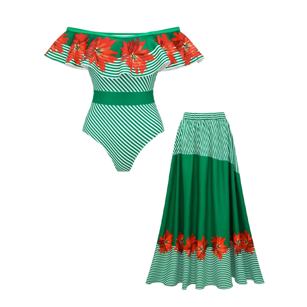 Green Stripe & Floral Patchwork Swimsuit Set