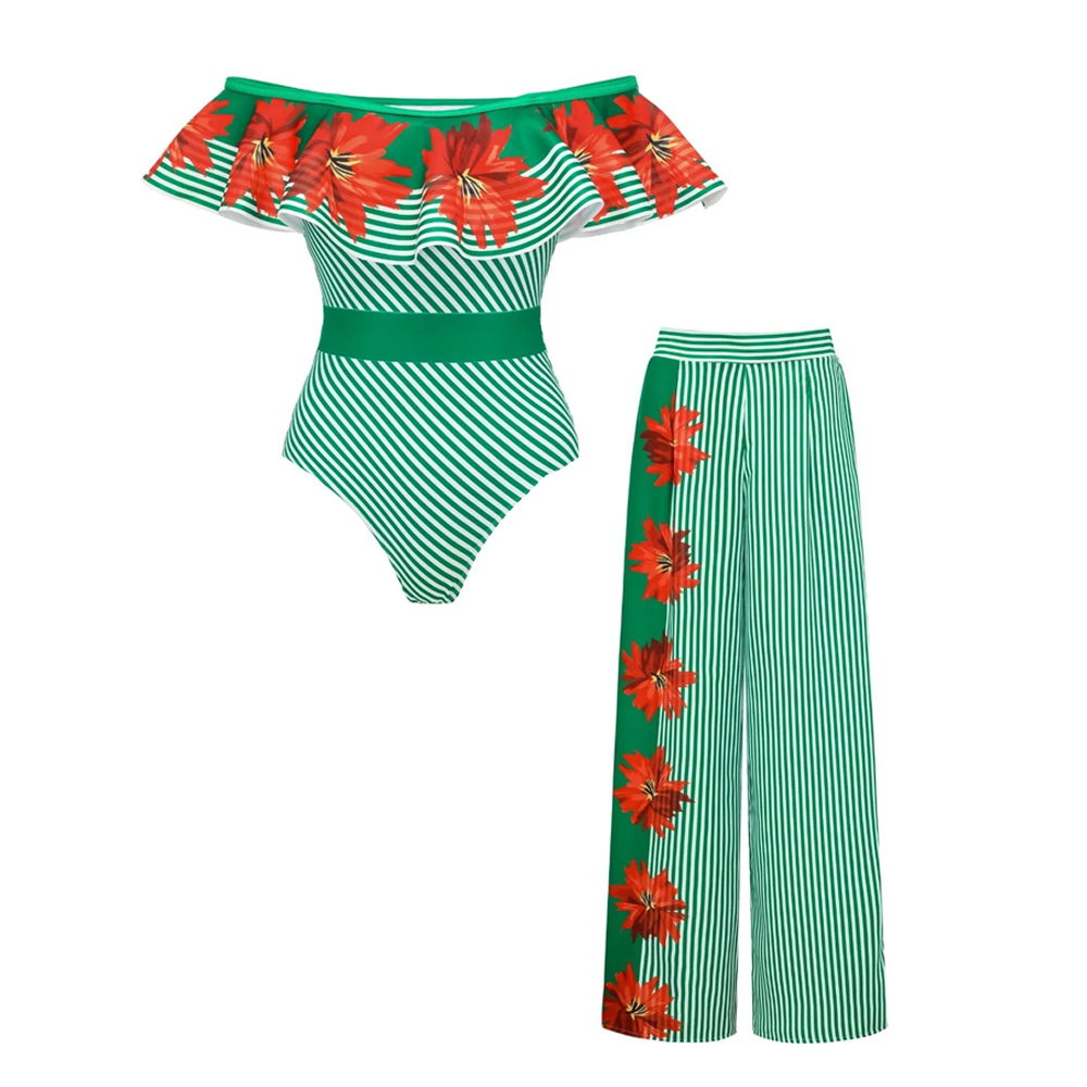 New Green Stripe & Floral Patchwork Swimsuit Set: Ruffle Bandeau One-Piece with Pants