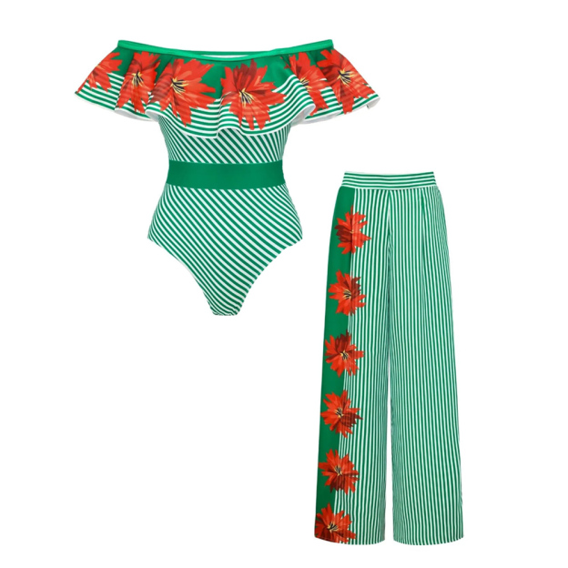 Green Stripe & Floral One-Piece Set