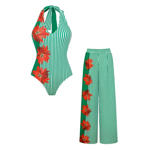 Green Stripe & Floral Patchwork Swimsuit Set