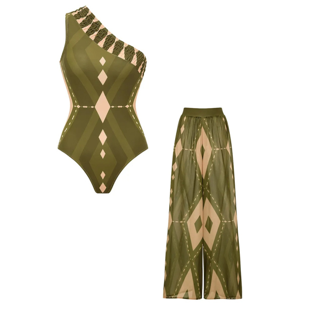 Vintage Bohemian Print One-Shoulder Swimsuit Set