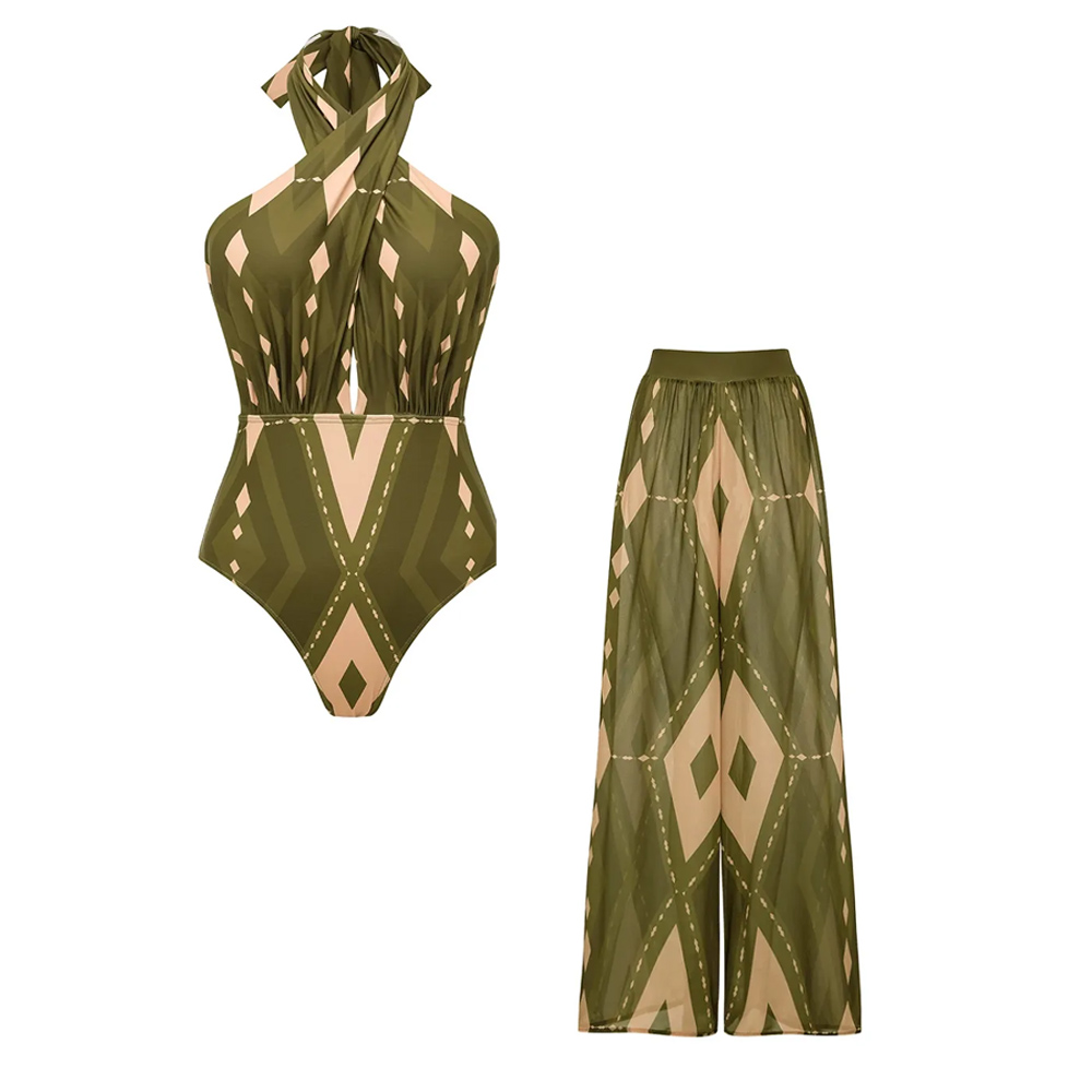 New Bohemian Vintage Geometric Print Halter Open-Back One-Piece with Pants Swimsuit Set