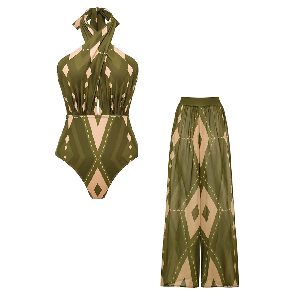 New Bohemian Vintage Geometric Print Halter Open-Back One-Piece with Pants Swimsuit Set