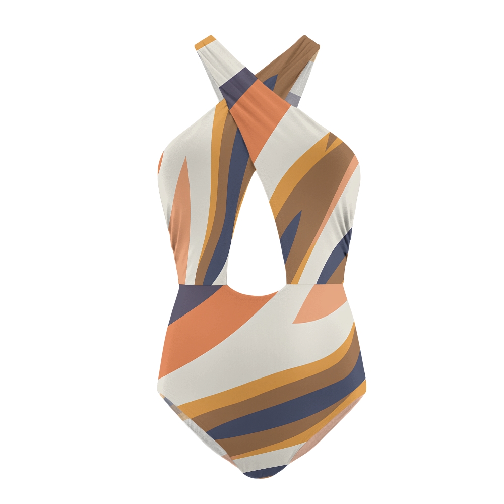 Modern Artistic One Piece Swimsuit Set with Crisscross Halter Cutout Design and Matching Sarong