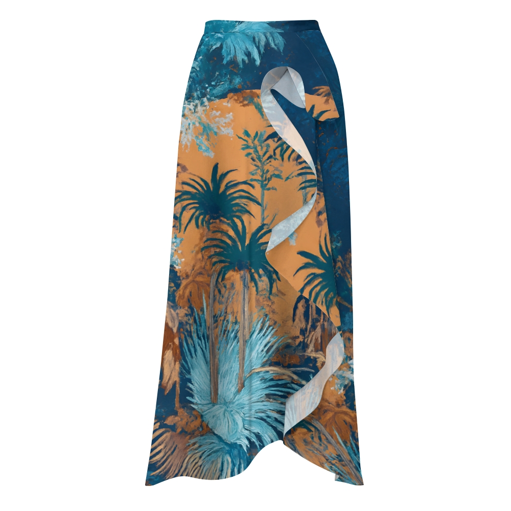 Women's V Neck Scenery Under Moonlight Print One-Piece Swimsuit with Skirt