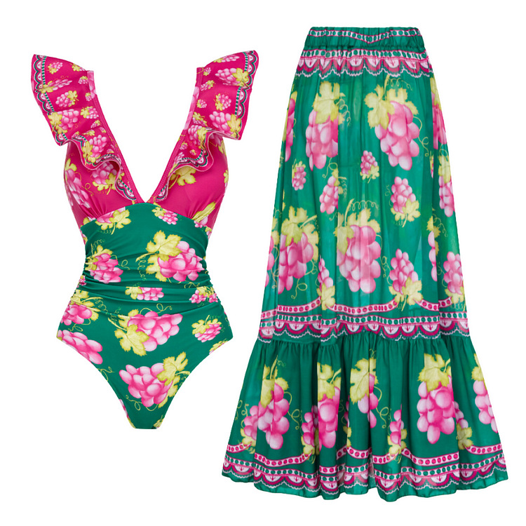 Women's Plunging V-Neck and Vintage Print One-Piece Swimsuit with Skirt