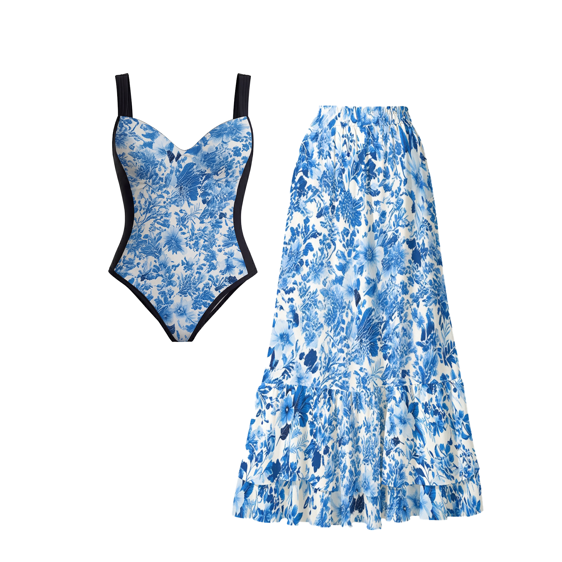 Blossom Print One-Piece Swimsuit Set