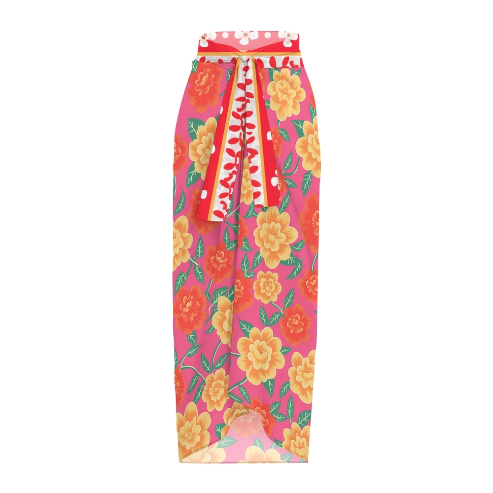 Tropical Floral One-Piece Swimsuit with Matching Sarong Skirt