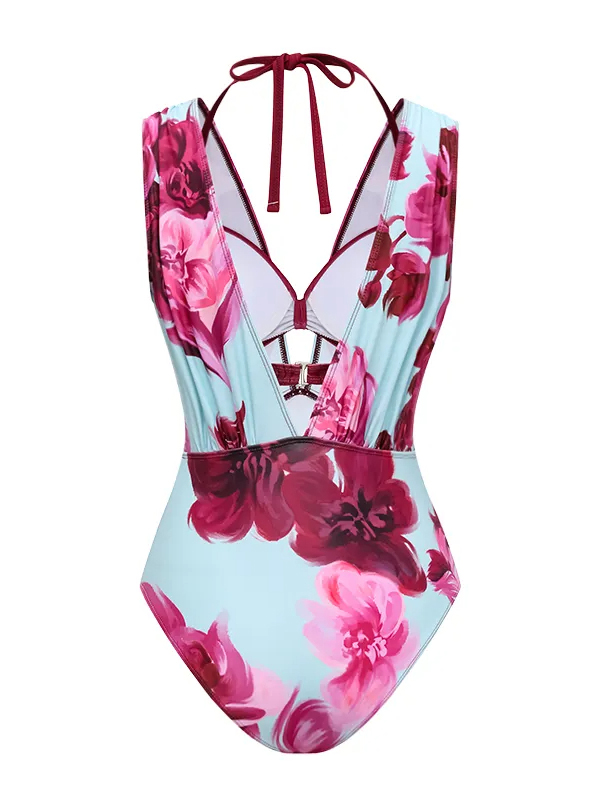 Abstract Floral Printed Two-piece Swimsuit and Skirt