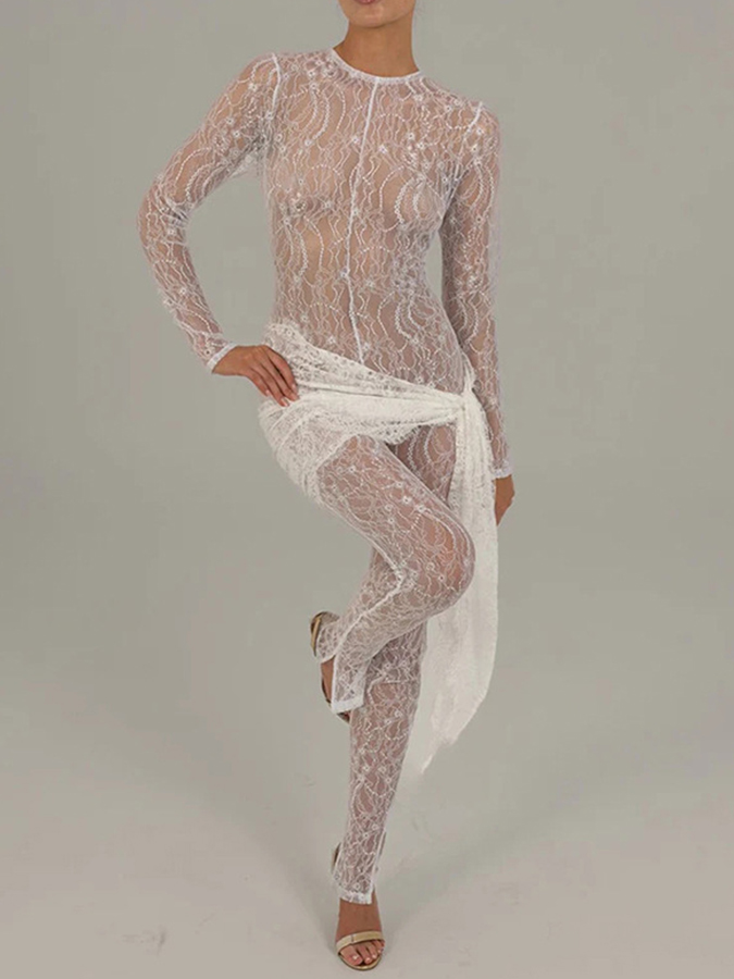 Lace Long Sleeves See-through Slim Fit Jumpsuit