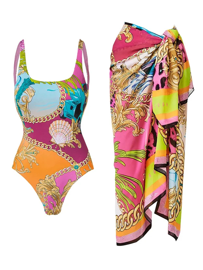 Round Neck Shell Printed One Piece Swimsuit and Sarong