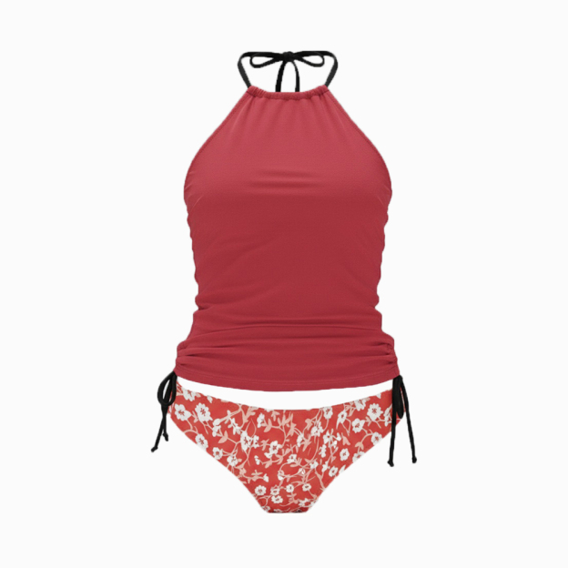 Three Piece Bikini Set with Solid Top Floral Bottom and Maxi Skirt