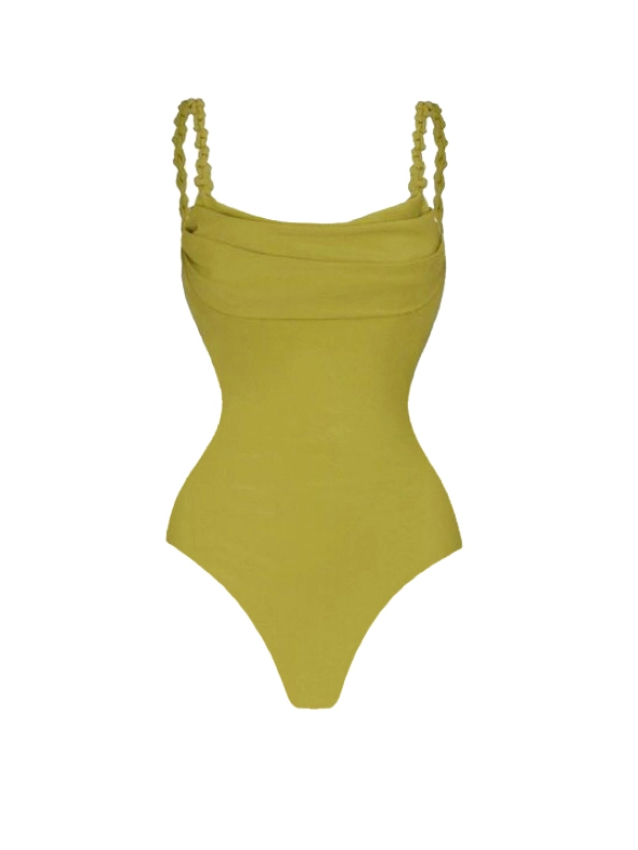 Retro Mustard Yellow Twist Strap Bandeau One Piece Swimsuit with Asymmetrical Ruffle Maxi Skirt Set