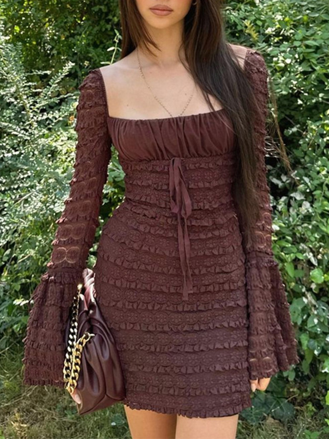 Sexy Pleated Slimming Bell-sleeved Mini Party Dress