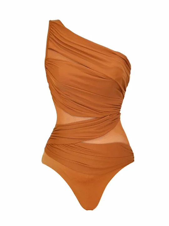 Caramel One-Shoulder Ruched Cutout One Piece Swimsuit with Skirt Set