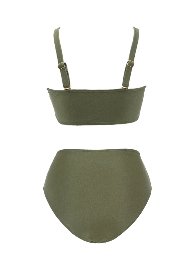 Luxury Olive Green Rhinestone Mesh Draped Halter O-Ring Bikini with High Waist Split Skirt 3 Piece Set