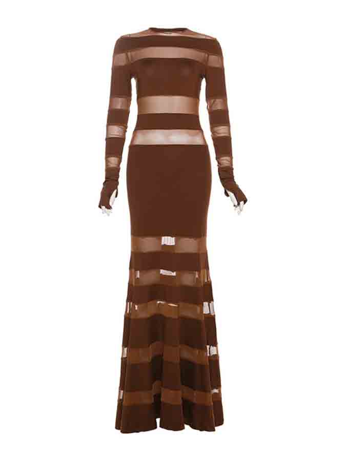 Mesh Paneled Long Sleeves Slim Maxi Evening Dress