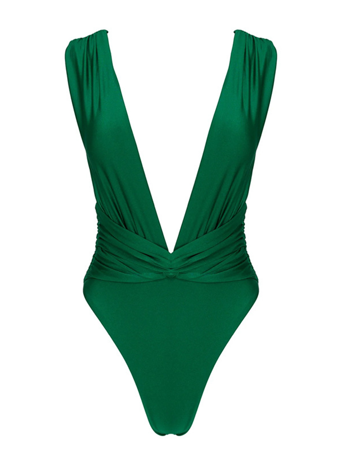 Solid Deep V Neck One Piece Swimsuit