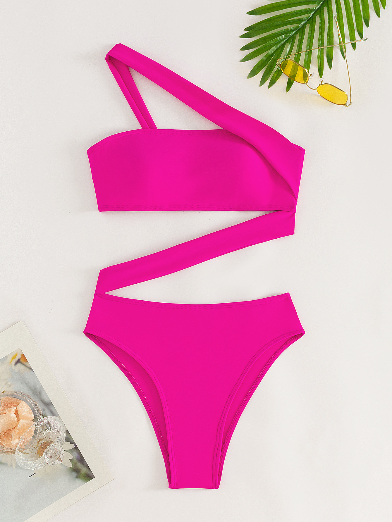 Bandeau Swimsuit with Asymmetric Lace-Up Shoulder