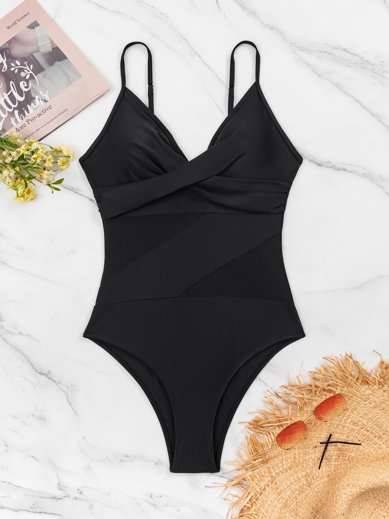 Solid Color Mesh Splicing Hollow Swimsuit