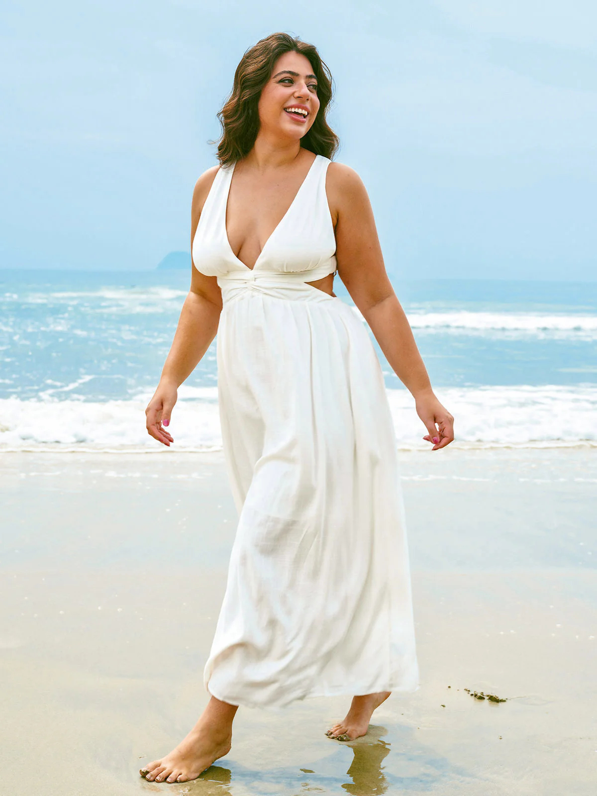 Solid Cross Back Twist Waist Deep V Beach Maxi Dress