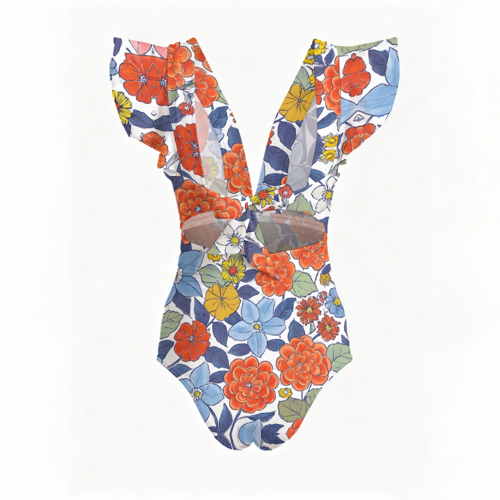 Deep V Floral Ruffle Strap One Piece Swimsuit with Matching Wrap Skirt
