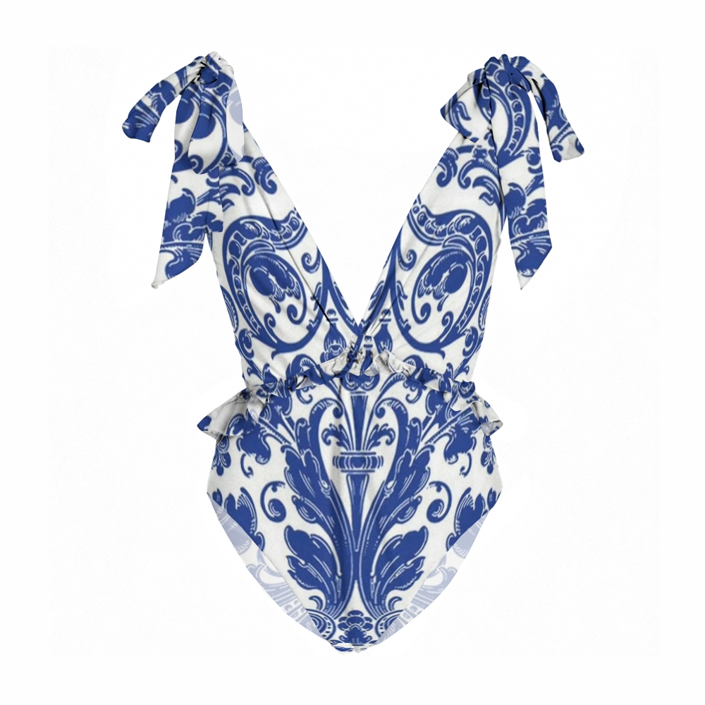 Women's Baroque V-Neck One-Piece Swimsuit with Sarong Skirt