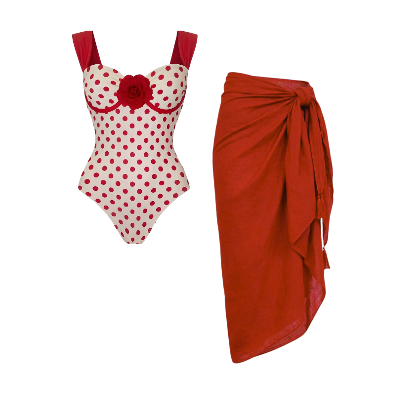 Red polka dot 3D flower Swimwear Set