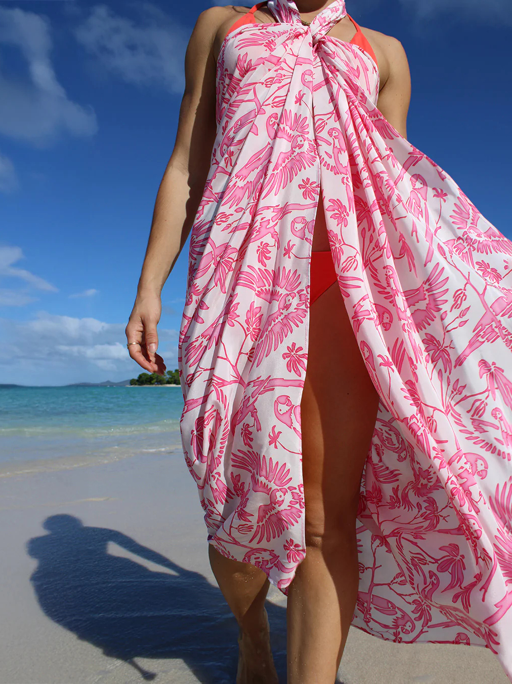 Women's Pink Parrot Print Ruffle Swimsuit and Skirt