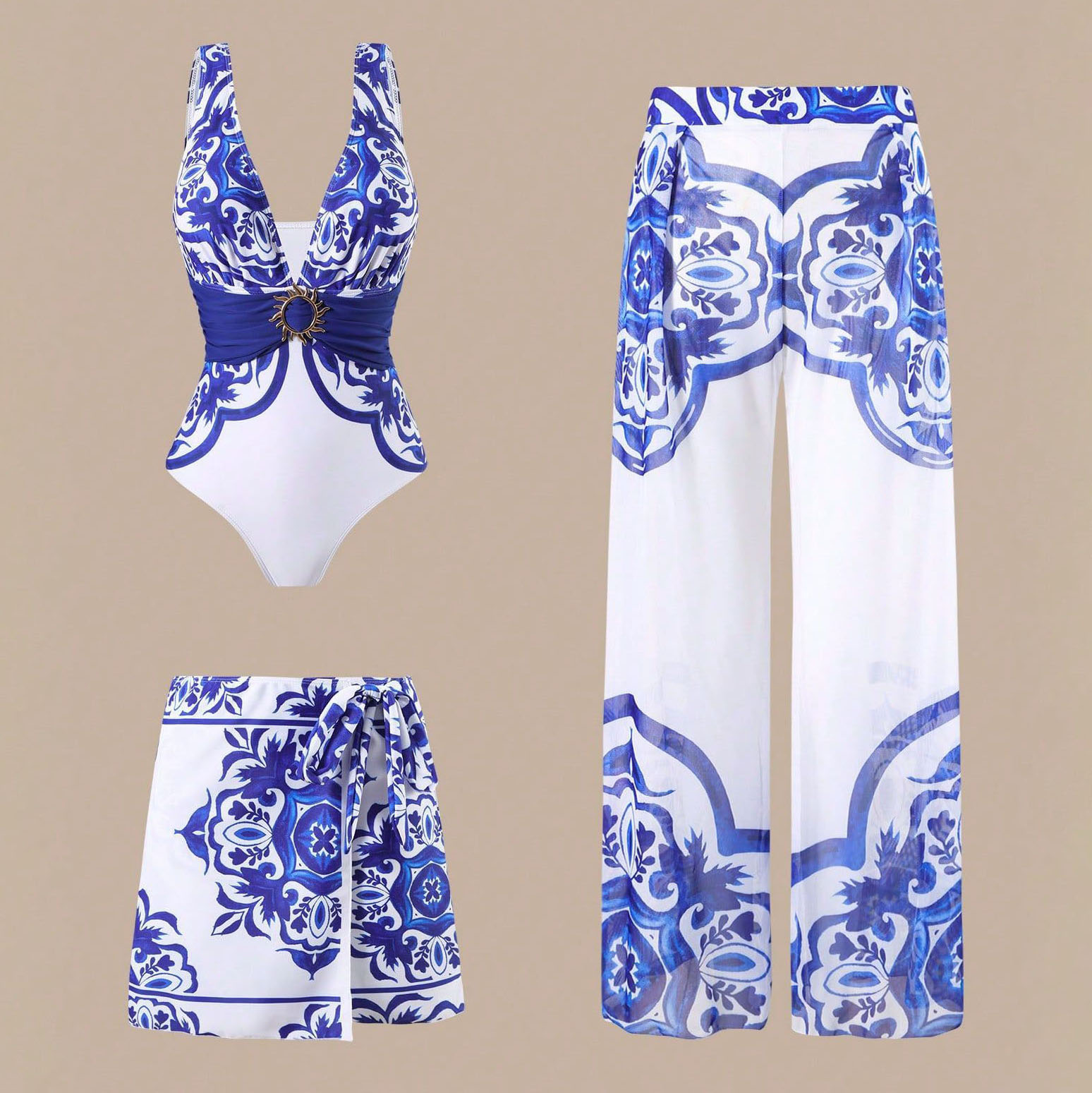 Artistic Blue Porcelain Print Swimsuit Ensemble - 3-Piece Vintage Romper with Tiered Skirt Cover-Up