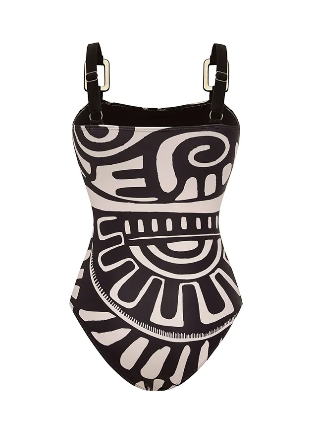 Adjustable Shoulder Straps Black Tribal Print Swimsuit Set
