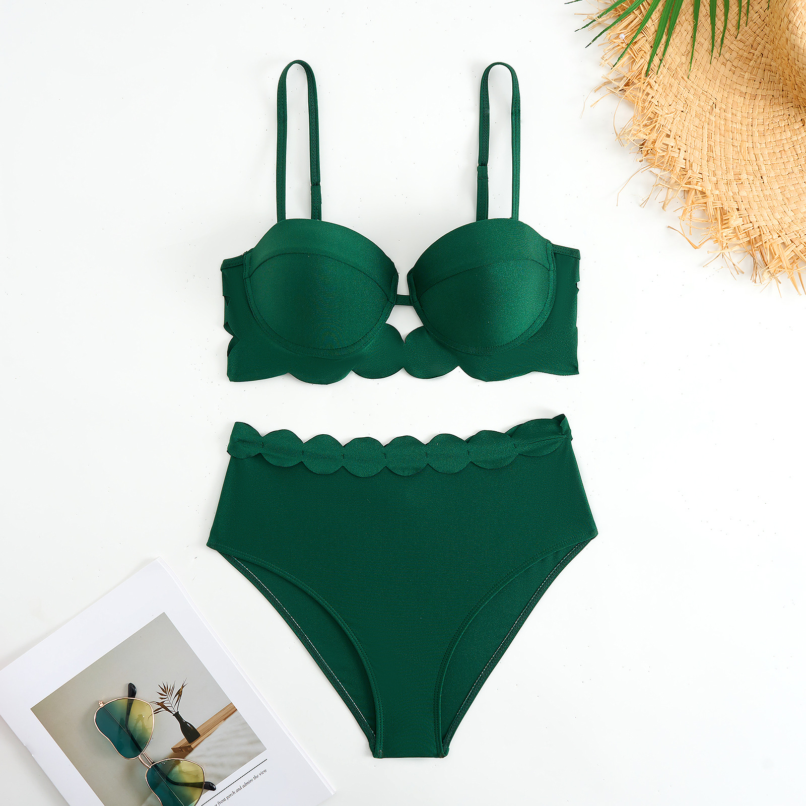 Women's New Solid Color Sexy Cut-Out Bikini Two-Piece Swimsuit with Skirt - Green