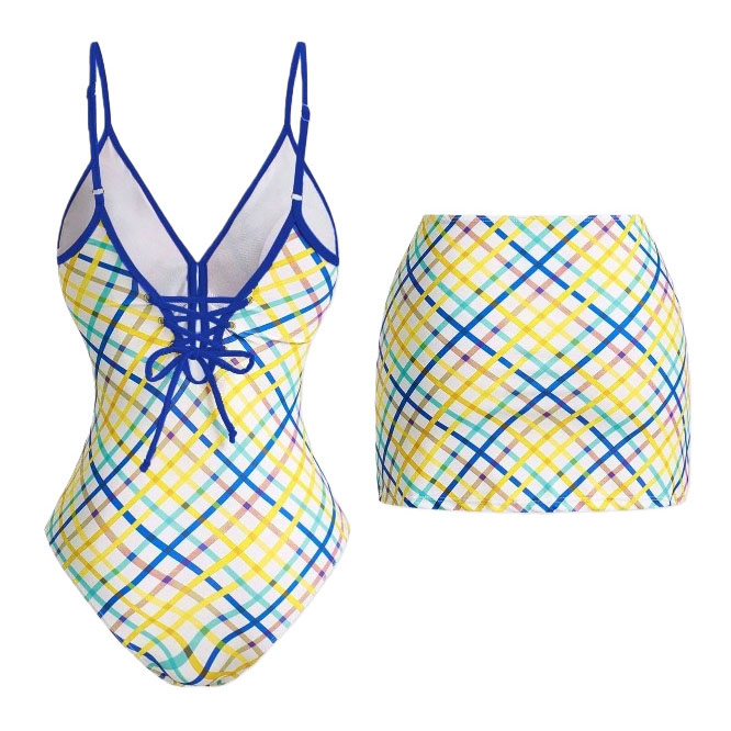 Women's Plaid Print One-Piece Swimsuit and Matching Skirt