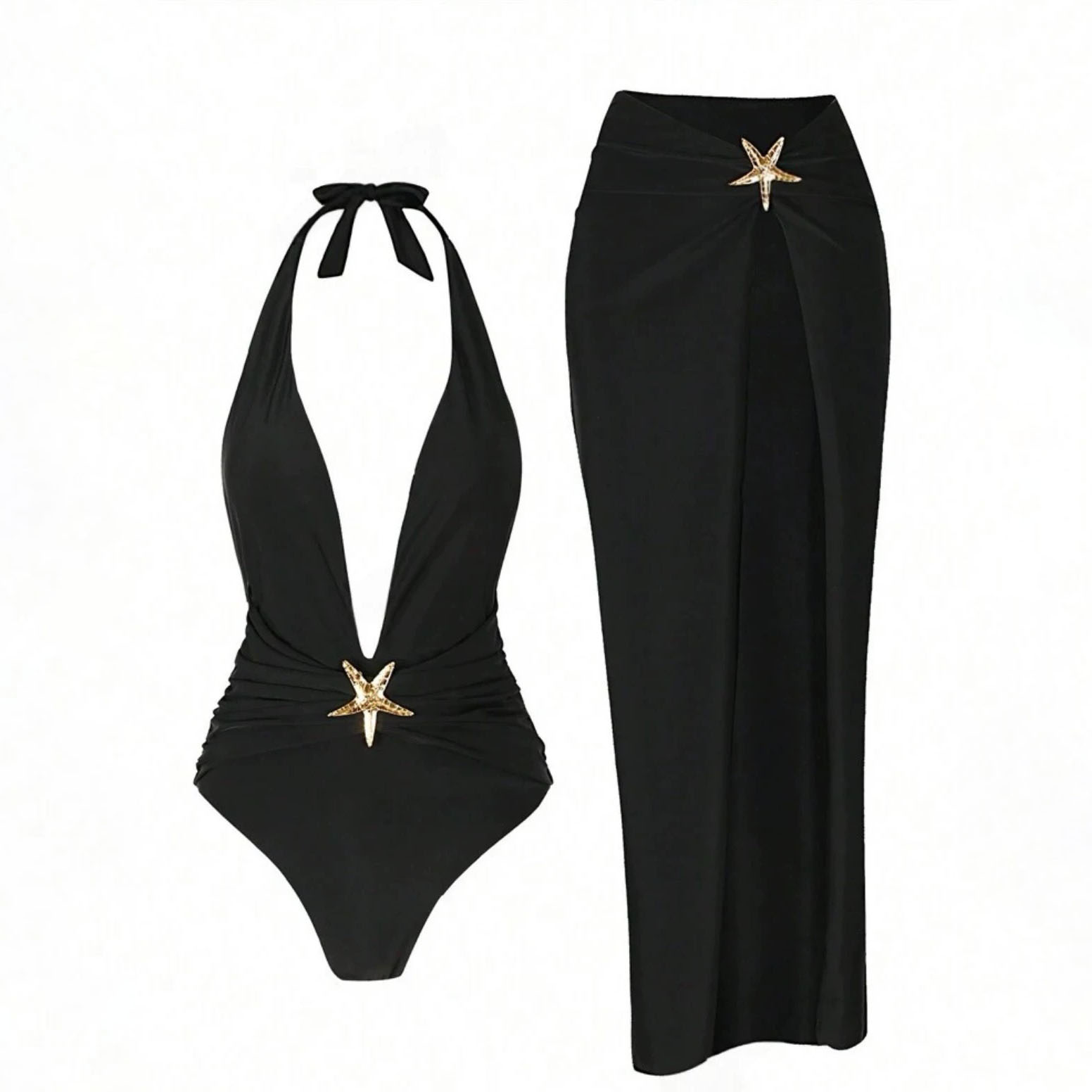 Women's Solid Color Backless One-Piece Swimsuit and Skirt