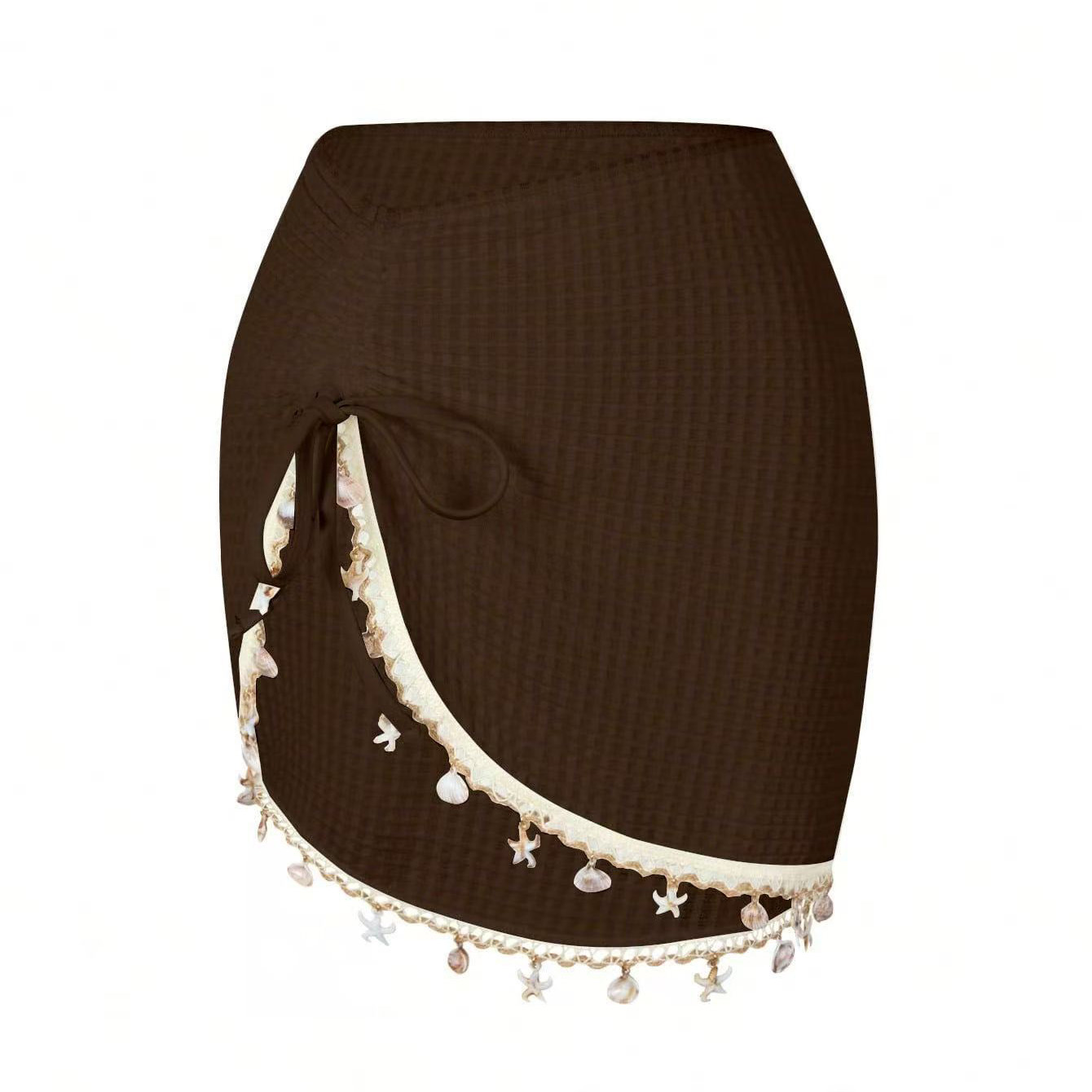 Black Knit Cover-Up Skirt Embellished with Shells, Starfish, and Fringe