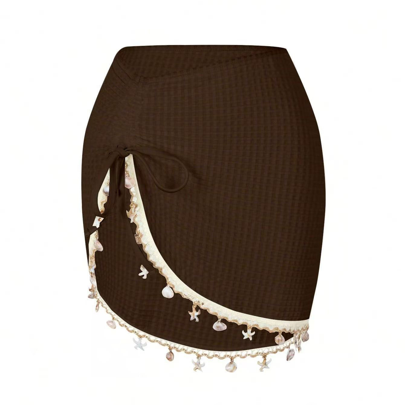 Black Knit Cover-Up Skirt Embellished with Shells, Starfish, and Fringe