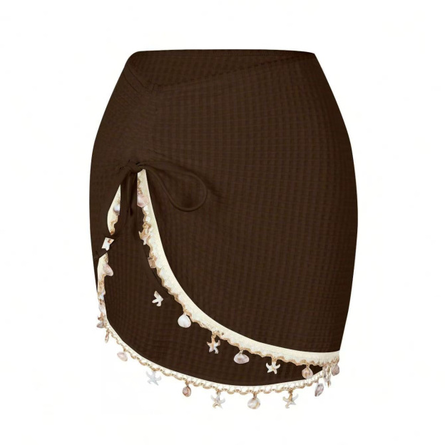 Black Knit Cover-Up Skirt Embellished with Shells, Starfish, and Fringe
