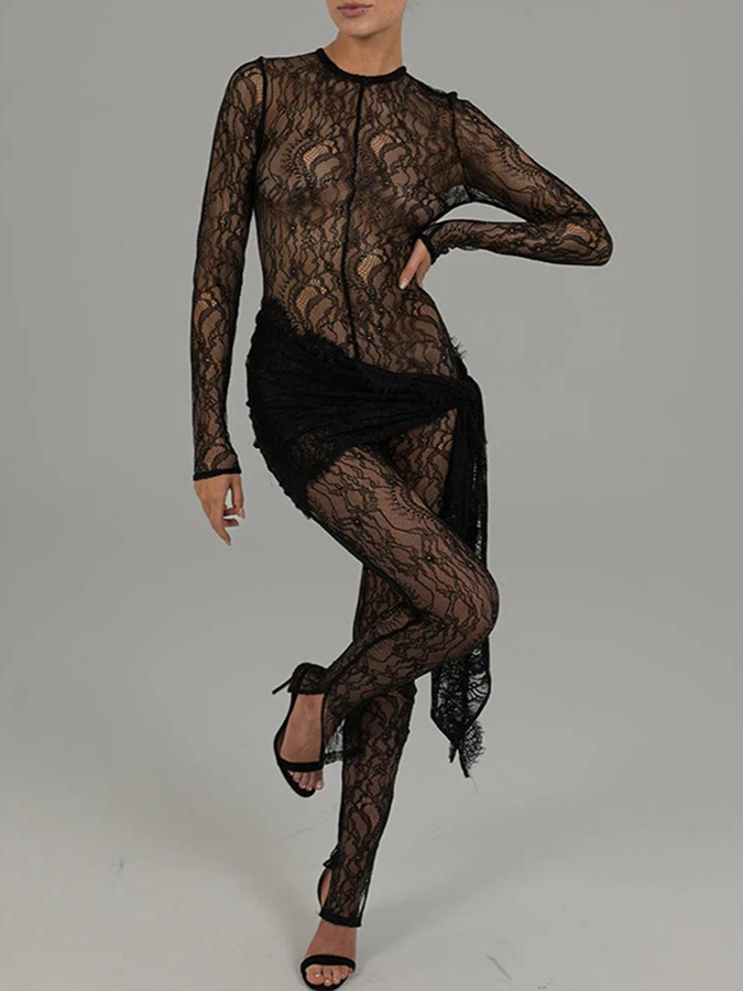 Lace Long Sleeves See-through Slim Fit Jumpsuit