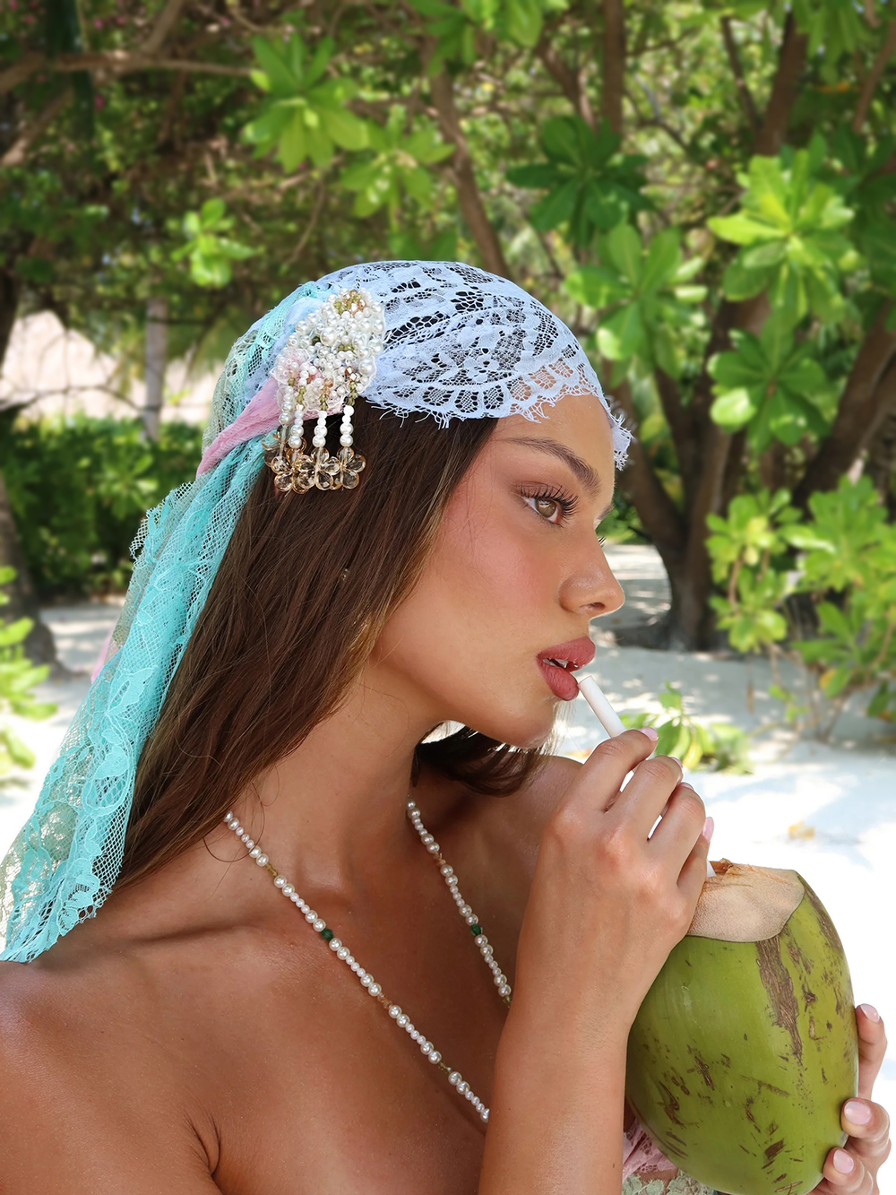 Tropical Iridescent Lace Pearl Pendant Halter Bikini Set