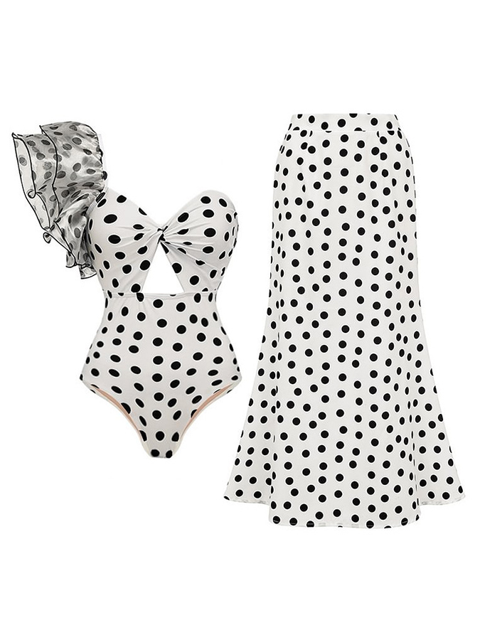 Polka Dots Ruffle Sleeves One Piece and Skirt Swimwear