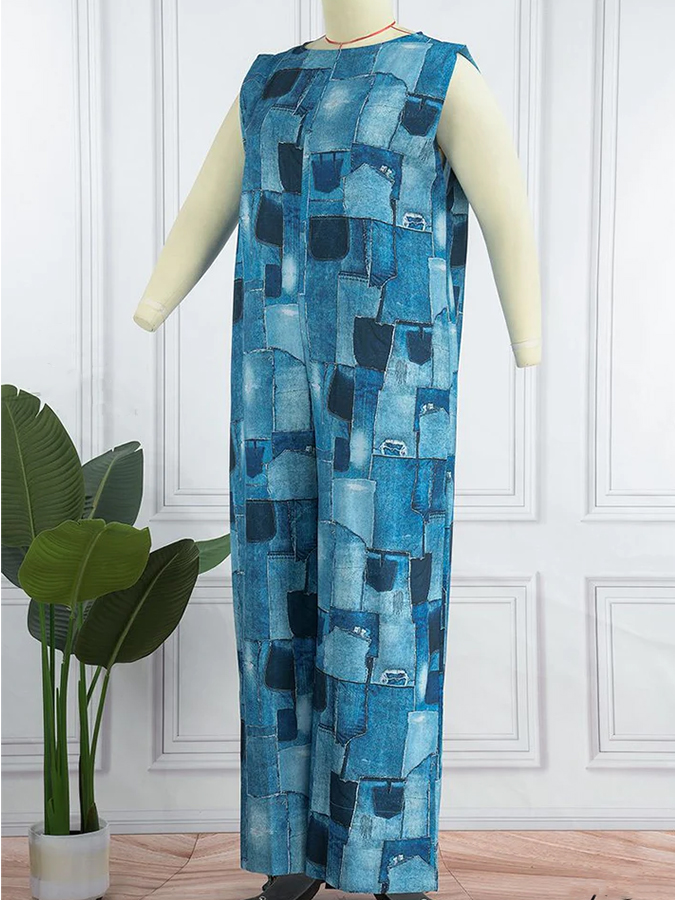 Women Casual Print Patchwork O-Neck Jumpsuit
