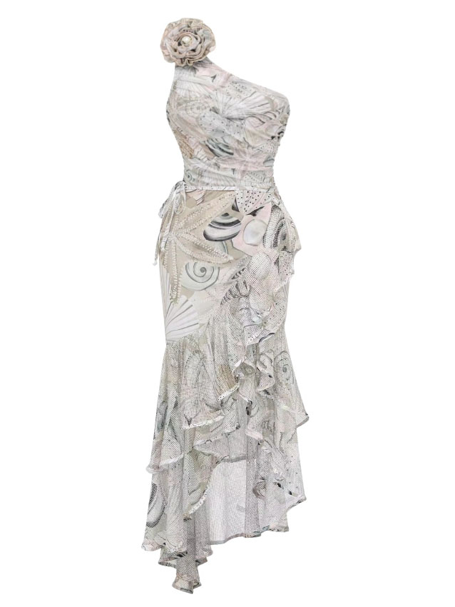 Ocean Shell One-Shoulder 3D Floral One-Piece with Matching Skirt