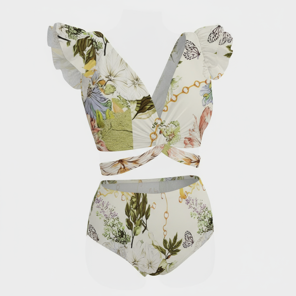 Floral Butterfly Print Deep V Ruffle with Twisted Front Bikini and Sarong Skirt
