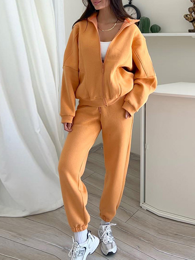Plush Standing Collar Long Sleeved Sweatshirt and Pants Casual Suit