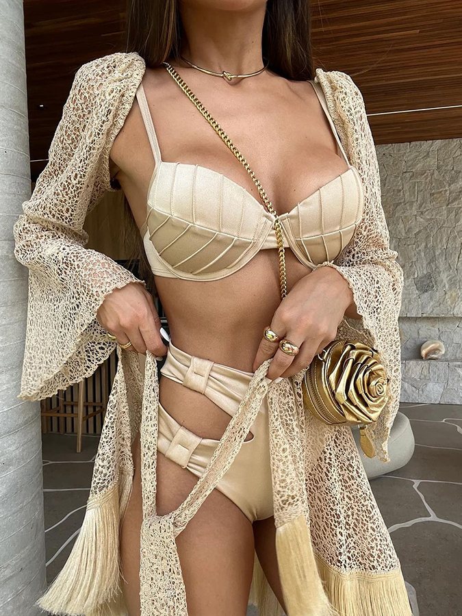 Removable Sleeves Bikini and Tassel Skirt