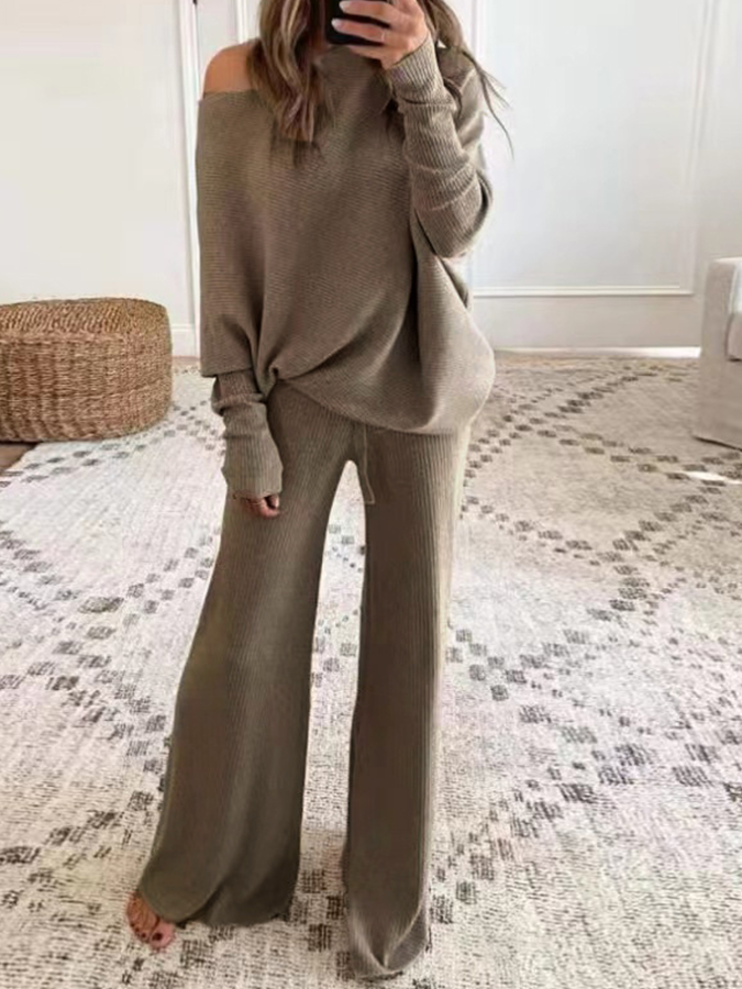 Knitted Long Sleeves Solid Top and Pants Two Pieces Sets